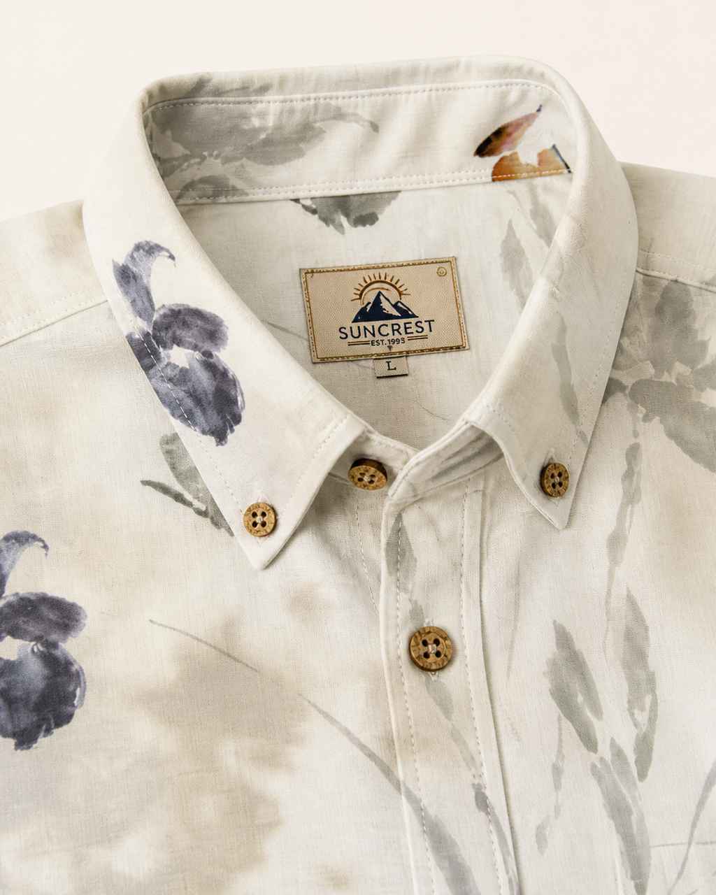 Ivory Ink Wash Iris Hawaiian Shirt - collar and label detail