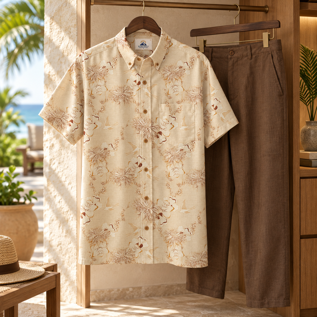Ivory Swallow Garden Resort Shirt in a sunlit resort wardrobe visualization