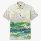 Front view of misty lake watercolor landscape Hawaiian shirt for men