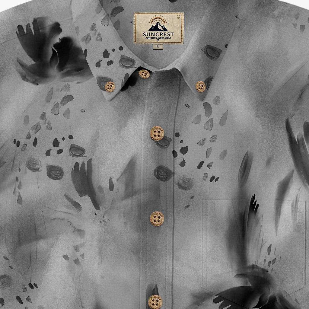 Smoke Brushstroke Abstract Hawaiian Shirt for Men collar label and placket detail