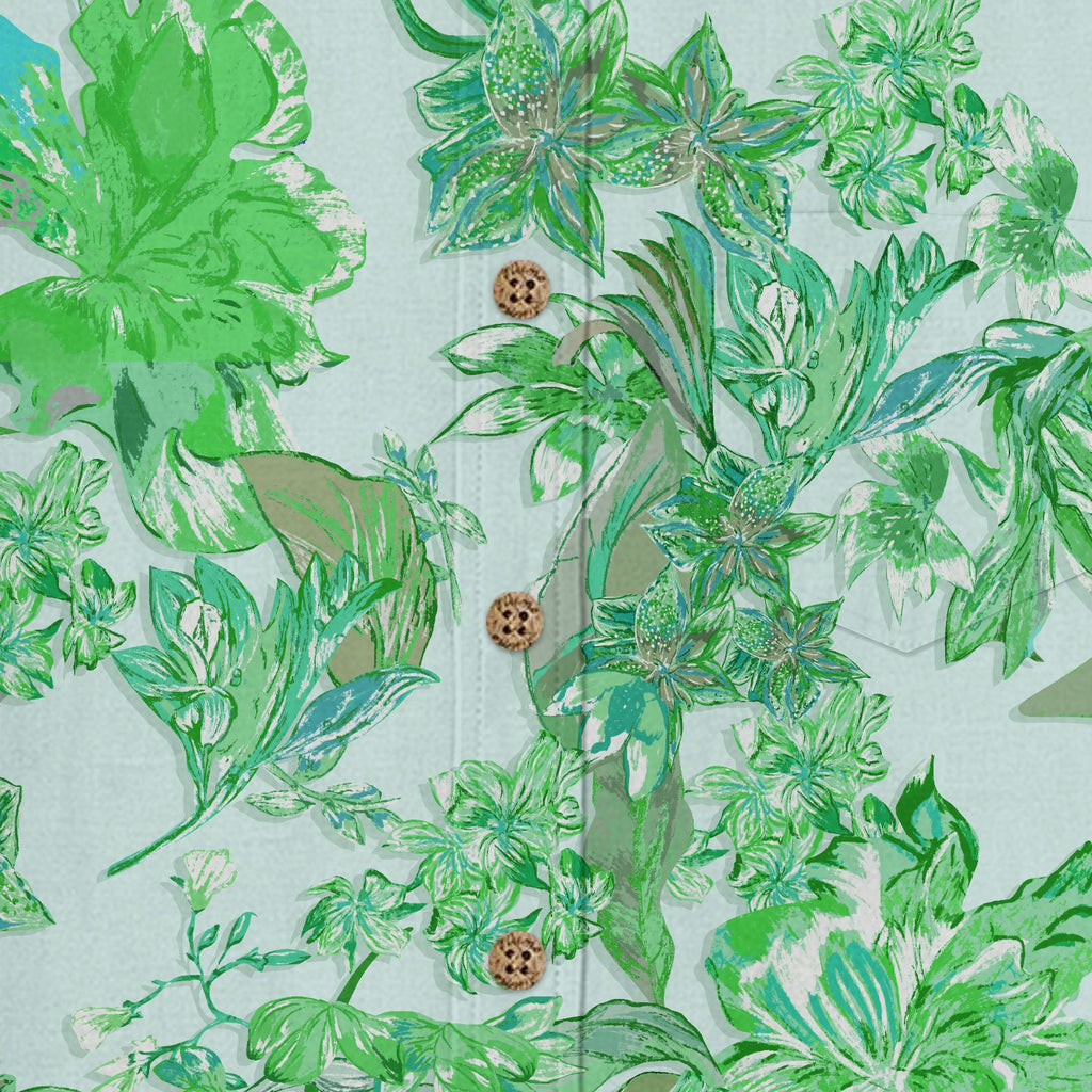 Spring Botanical Leaves Hawaiian Shirt for Men buttons and fabric texture detail