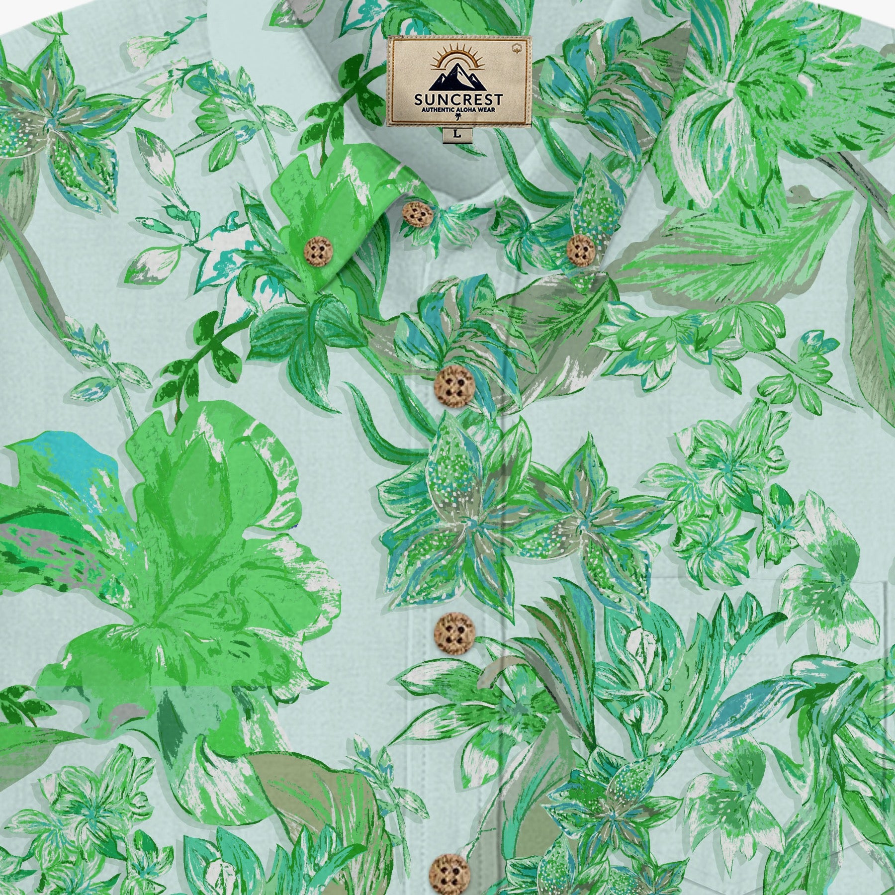 Spring Botanical Leaves Hawaiian Shirt for Men collar label and placket detail