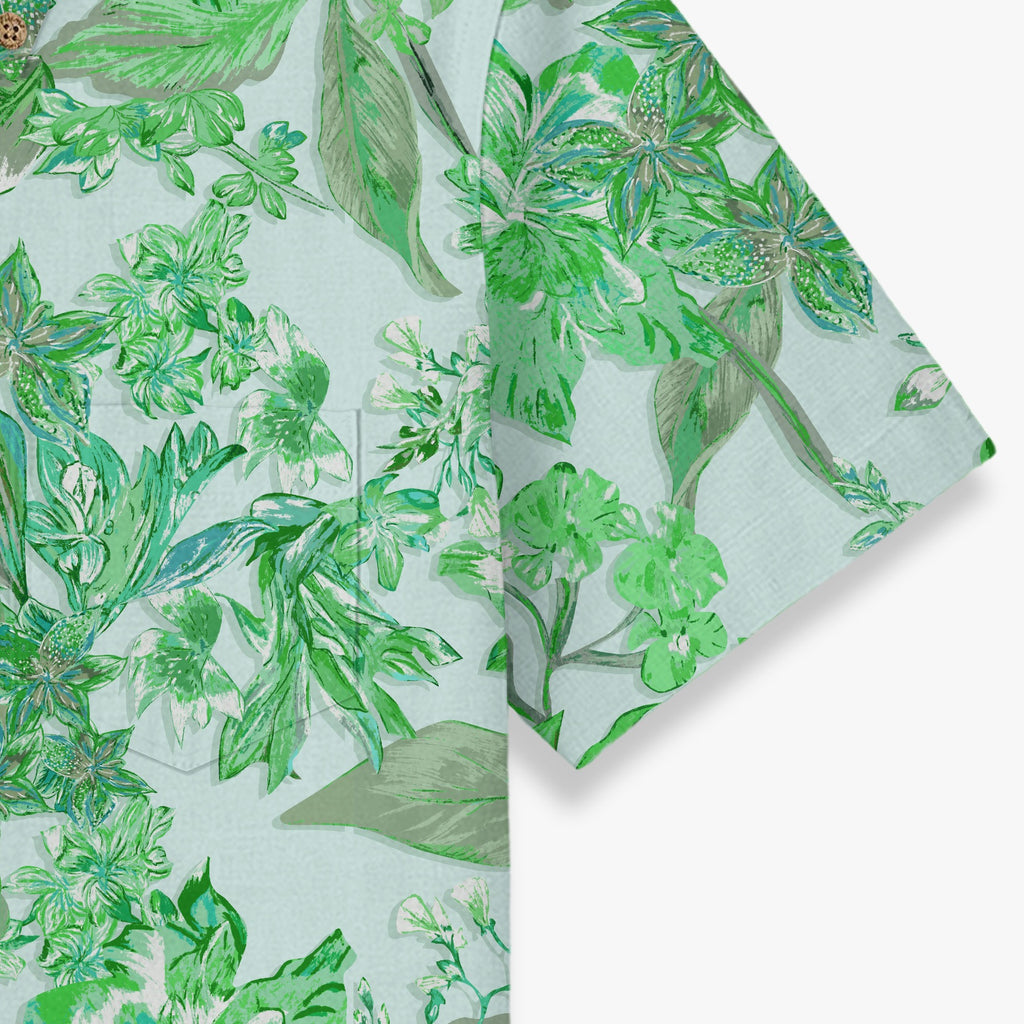 Spring Botanical Leaves Hawaiian Shirt for Men sleeve and fabric detail