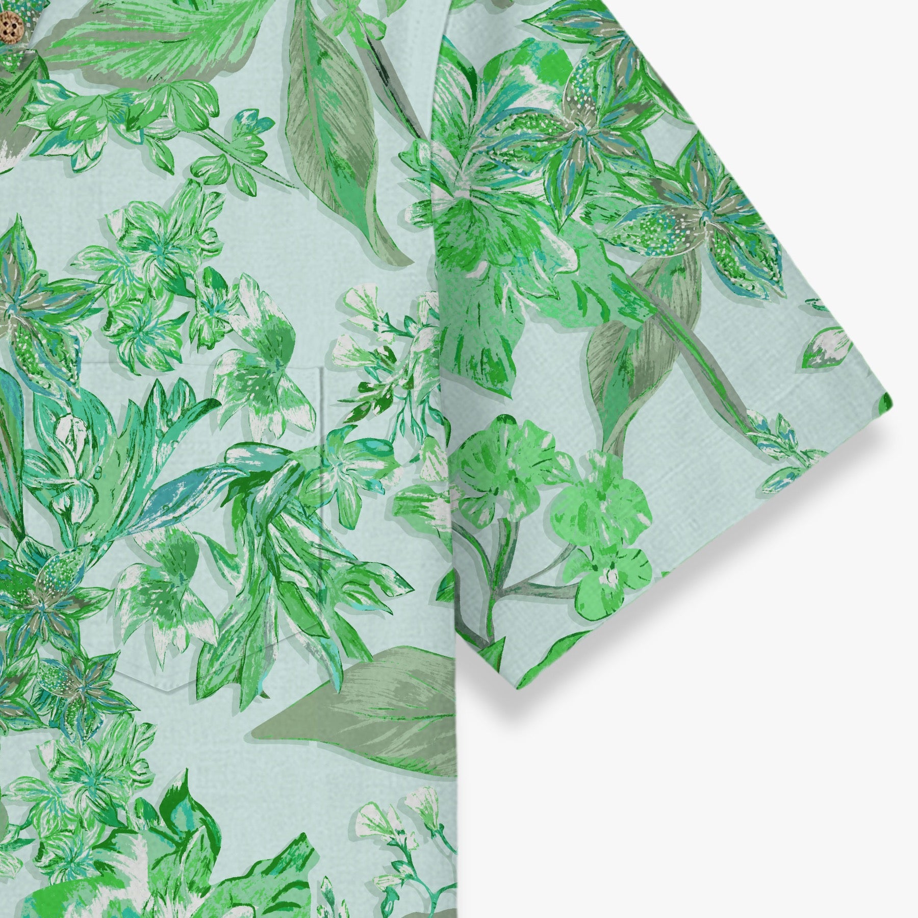 Spring Botanical Leaves Hawaiian Shirt for Men sleeve and fabric detail