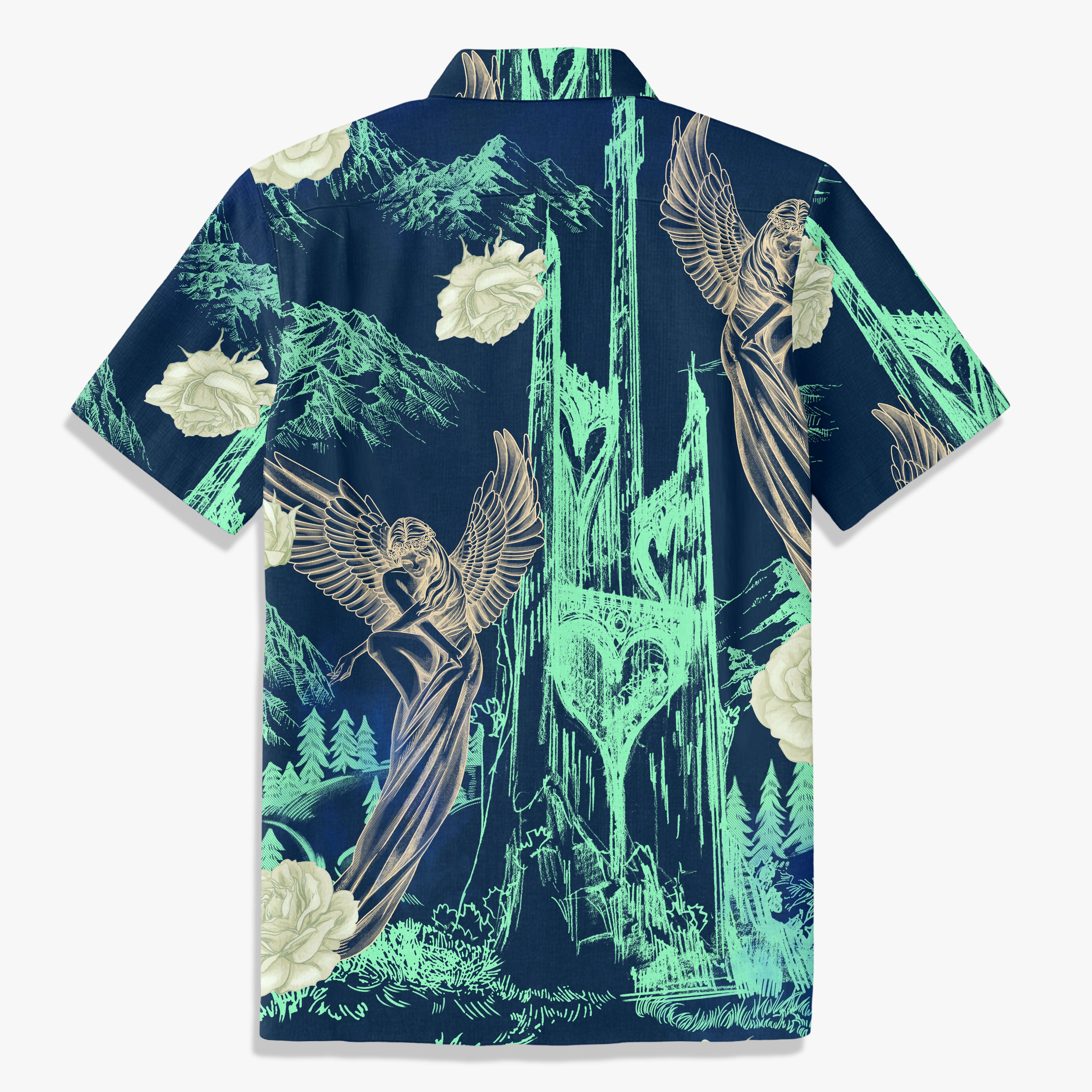 Navy Angel Garden Graphic Hawaiian Shirt back view