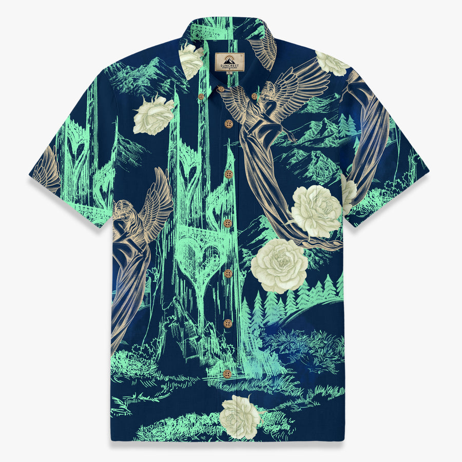 Navy Angel Garden Graphic Hawaiian Shirt front view