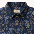 Close-up of collar label area and placket on navy botanical vine garden shirt