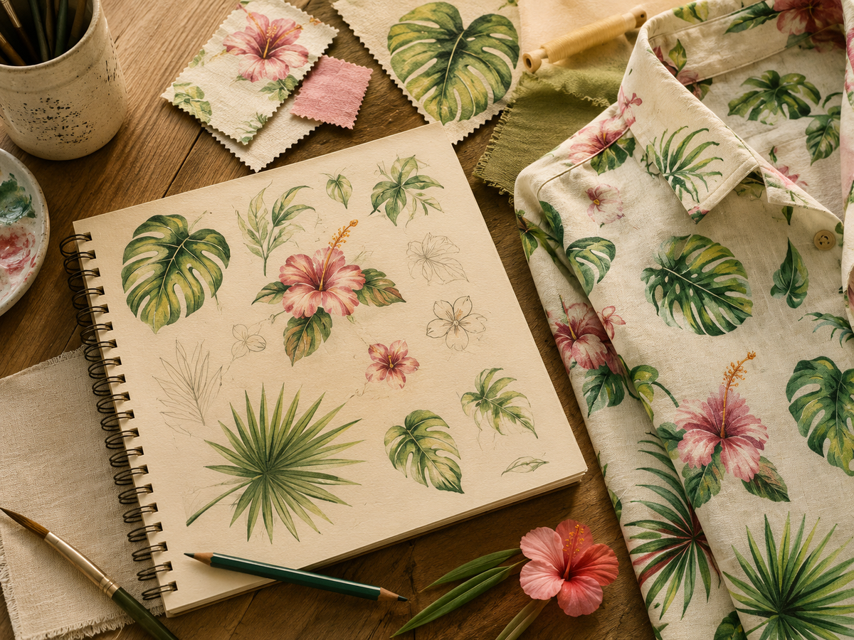 SUNCREST WEAR tropical print design worktable with watercolor sketches and printed shirt