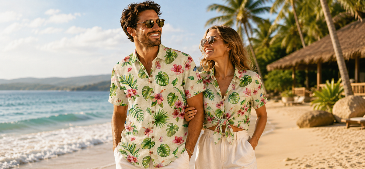 SUNCREST WEAR tropical hibiscus print shirts beach resort lifestyle banner